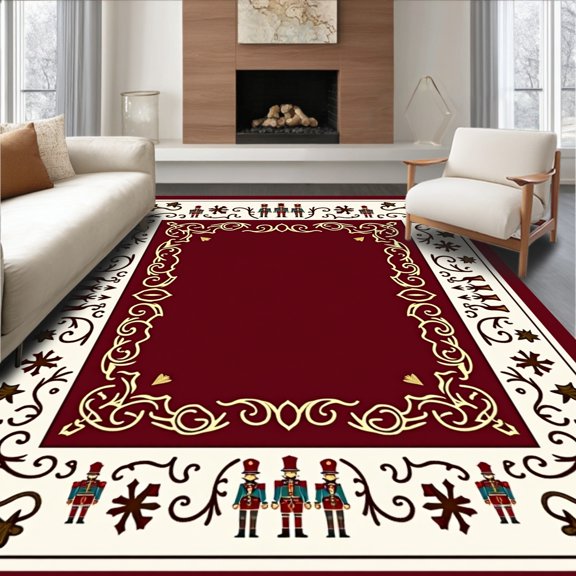 ODIKA 4' x 6' Machine Washable Non-Slip Area Rug, Victorian nutcracker High Traffic Rug, Maroon, 630523