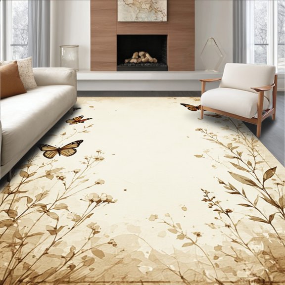 ODIKA 4' x 6' Machine Washable Non-Slip Area Rug, Vintage Butterfly High Traffic Rug, Beige, 279399
