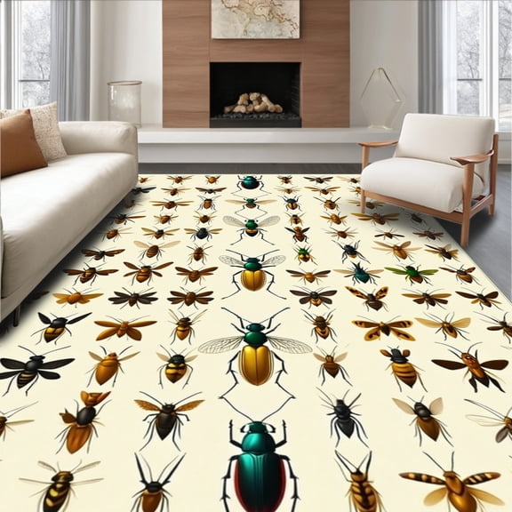 ODIKA 4' x 6' Machine Washable Non-Slip Area Rug, Vintage bee High Traffic Rug, Beige, 277102