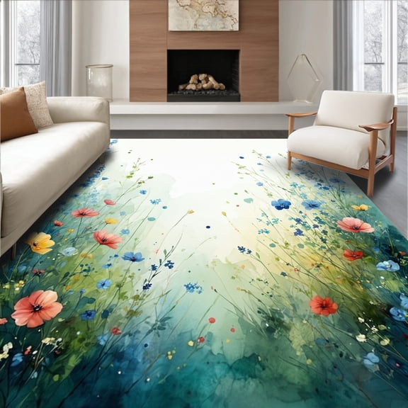 ODIKA 4'x6' Machine Washable Non-Slip Area Rug, Watercolor Meadow Floral Vibrant Nature High Traffic Rug, Blue, 226848