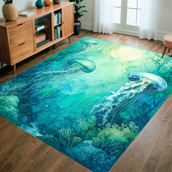 ODIKA 4' x 6' Machine Washable Non-Slip Area Rug, Watercolor Jellyfish High Traffic Rug, Blue, 282374