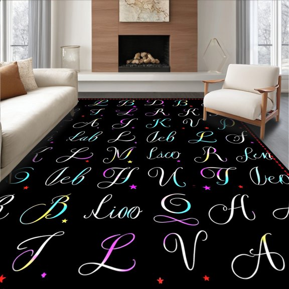 ODIKA 4' x 6' Machine Washable Non-Slip Area Rug, Whimsical L High Traffic Rug, Black, 695839