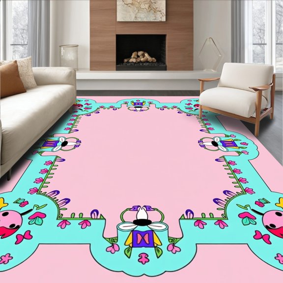 ODIKA 4' x 6' Machine Washable Non-Slip Area Rug, Whimsical Ladybug High Traffic Rug, Pink, 720884