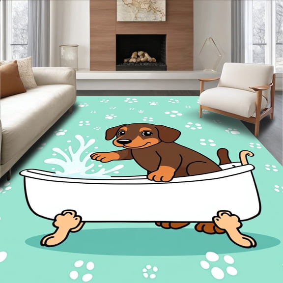 ODIKA 4' x 6' Machine Washable Non-Slip Area Rug, Whimsical Pawprint High Traffic Rug, Turquoise, 721578