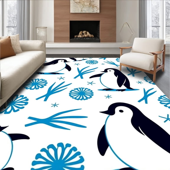 ODIKA 4' x 6' Machine Washable Non-Slip Area Rug, Whimsical Penguin High Traffic Rug, Blue, 720961