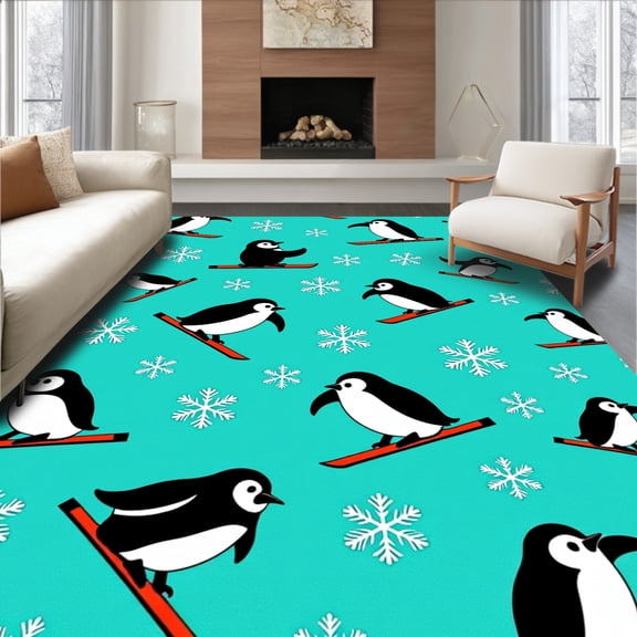 ODIKA 4' x 6' Machine Washable Non-Slip Area Rug, Whimsical Penguin High Traffic Rug, Turquoise, 618610