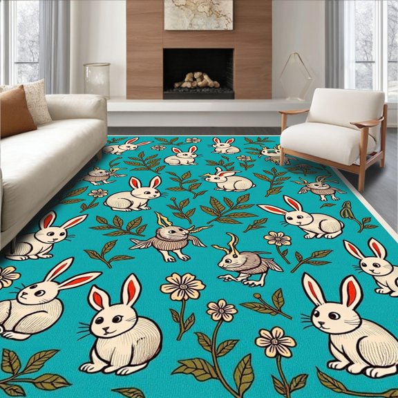 ODIKA 4' x 6' Machine Washable Non-Slip Area Rug, Whimsical Rabbit High Traffic Rug, Turquoise, 313993