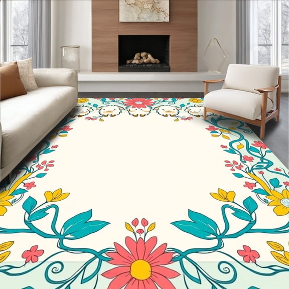 ODIKA 4' x 6' Machine Washable Non-Slip Area Rug, Whimsical Sheep High Traffic Rug, Turquoise, 317461