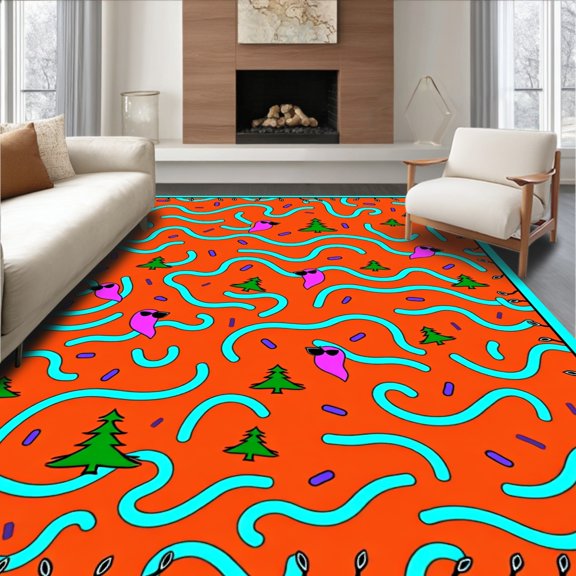 ODIKA 4' x 6' Machine Washable Non-Slip Area Rug, Whimsical Squiggle High Traffic Rug, Orange, 761659
