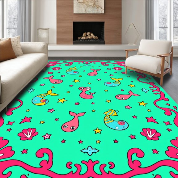 ODIKA 4' x 6' Machine Washable Non-Slip Area Rug, Whimsical Star High Traffic Rug, Turquoise, 724064