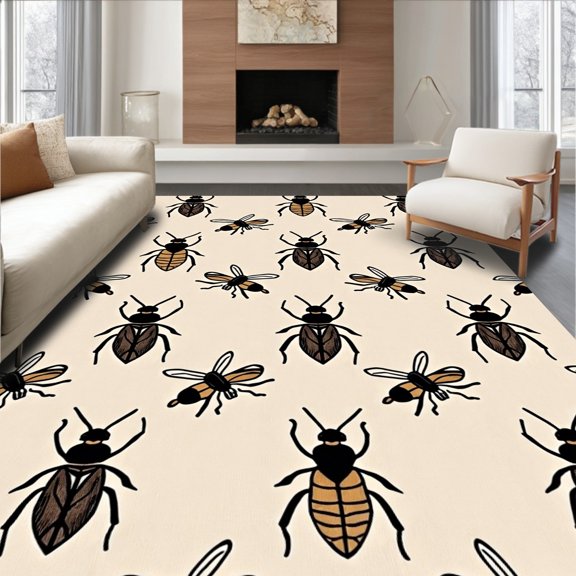 ODIKA 4' x 6' Machine Washable Non-Slip Area Rug, Whimsical bee High Traffic Rug, Ivory, 441868