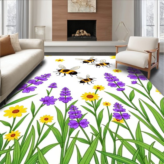 ODIKA 4' x 6' Machine Washable Non-Slip Area Rug, Whimsical bee High Traffic Rug, Purple, 722966