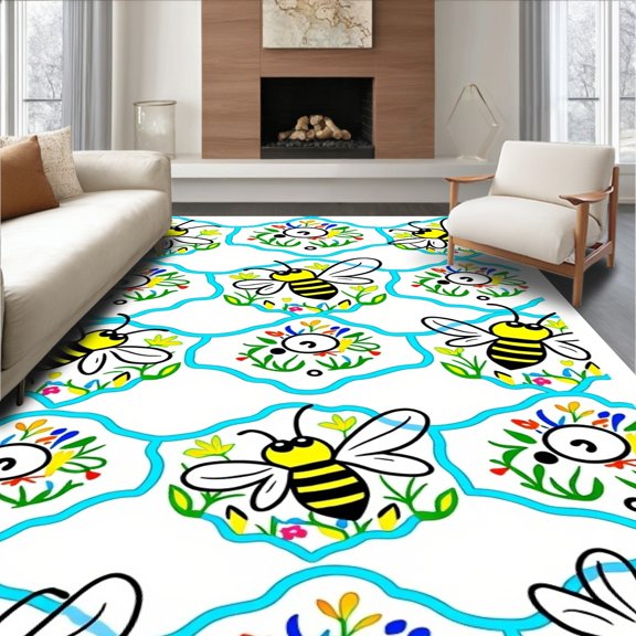 ODIKA 4' x 6' Machine Washable Non-Slip Area Rug, Whimsical bee High Traffic Rug, Yellow, 720927