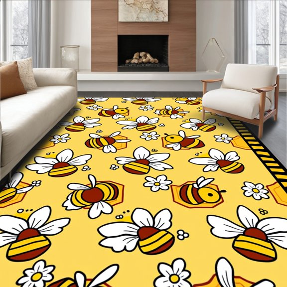 ODIKA 4' x 6' Machine Washable Non-Slip Area Rug, Whimsical bee High Traffic Rug, Yellow, 722977