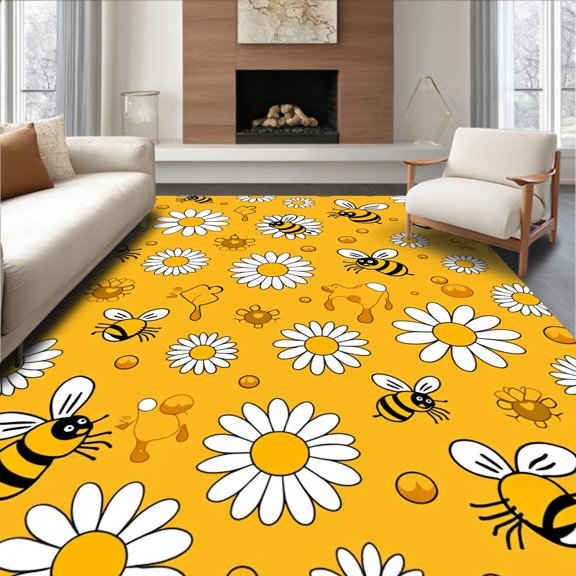ODIKA 4' x 6' Machine Washable Non-Slip Area Rug, Whimsical flower High Traffic Rug, Yellow, 722980