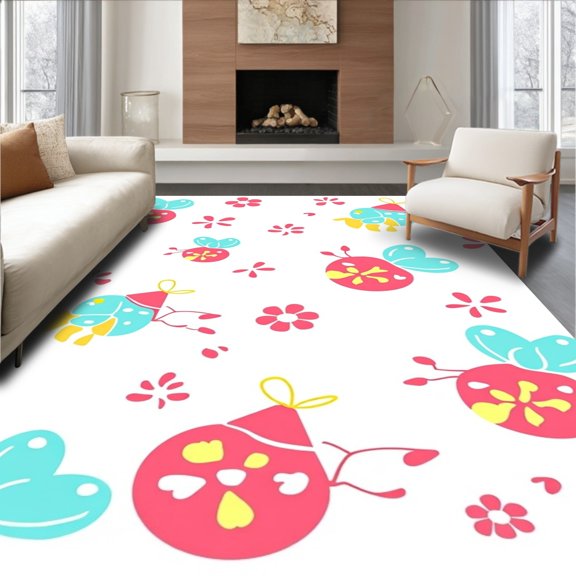 ODIKA 4' x 6' Machine Washable Non-Slip Area Rug, Whimsical ladybug High Traffic Rug, Pink, 720169