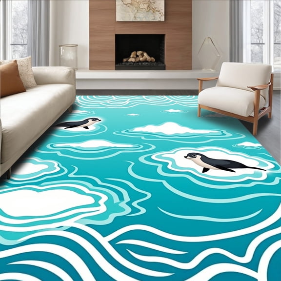 ODIKA 4' x 6' Machine Washable Non-Slip Area Rug, Whimsical wave High Traffic Rug, Turquoise, 686198
