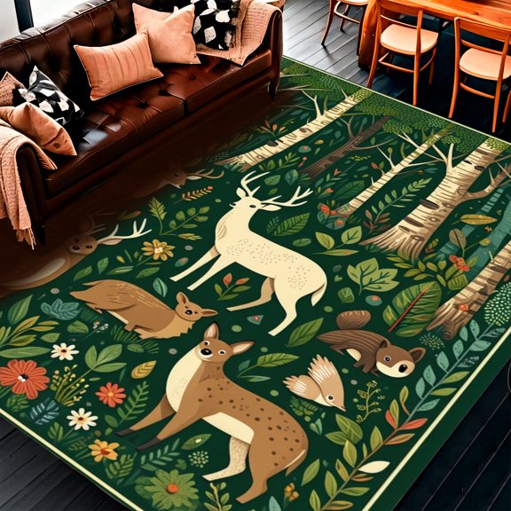 ODIKA 4' x 6' Machine Washable Non-Slip Area Rug, Woodland Deer High Traffic Rug, Green, 154341