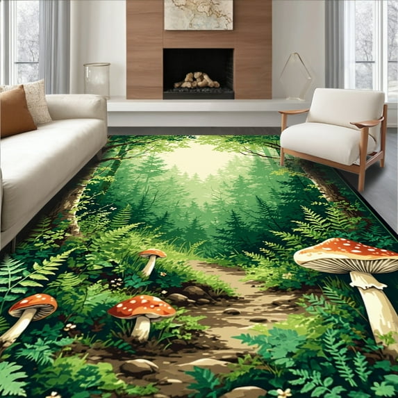 ODIKA 4'x6' Machine Washable Non-Slip Area Rug, Nature Inspired Round with Mystical Forest and Mushroom Motifs High Traffic Rug, Green, 67171