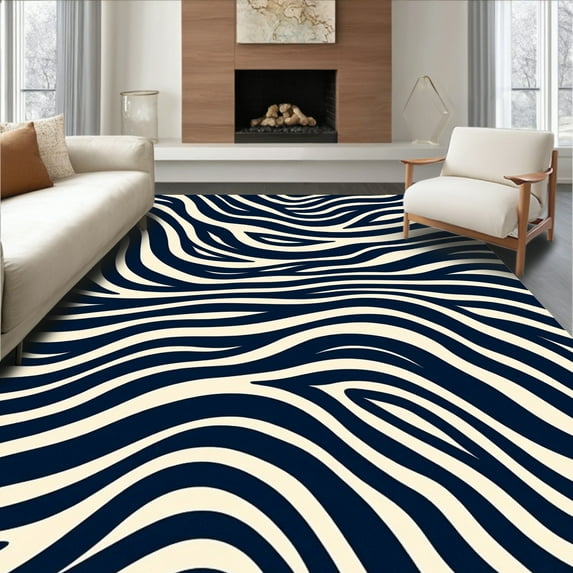 ODIKA 4'x6' Machine Washable Non-Slip Area Rug, Elegant Zebra Stripe with Fluid Curves and Abstract Waves High Traffic Rug, Blue, 296549