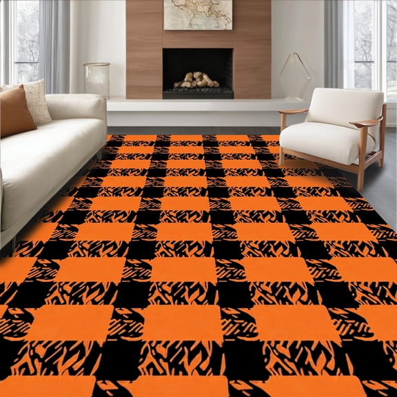 ODIKA 4'x6' Machine Washable Non-Slip Area Rug, Farmhouse Gingham Festive Decorative Accent High Traffic Rug, Orange, 512027
