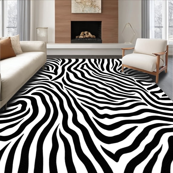 ODIKA 4'x6' Machine Washable Non-Slip Area Rug, Wild Zebra High Traffic Rug, Black, 287895