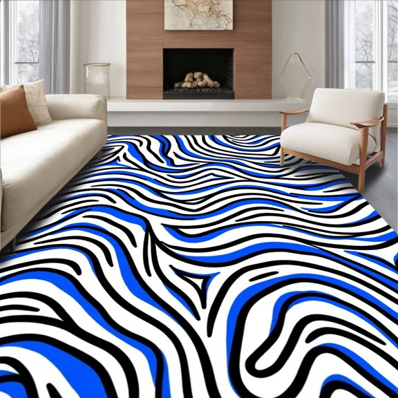 ODIKA 4'x6' Machine Washable Non-Slip Area Rug, Contemporary Abstract Waves with Flowing Curves and Dynamic Interlocking Shapes High Traffic Rug, Blue, 560324