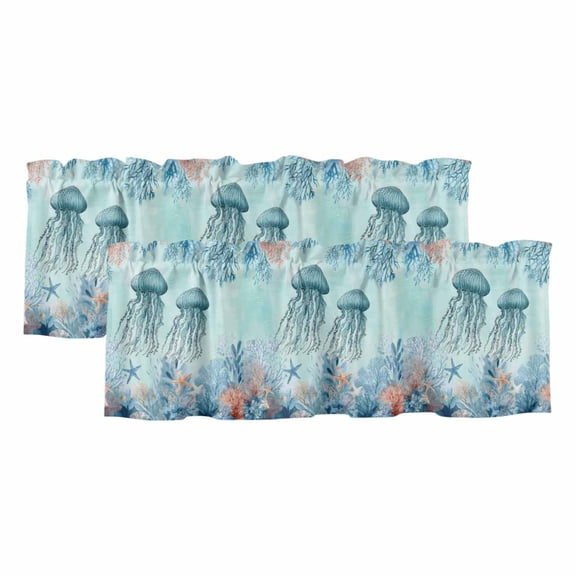 2 Pack Valances for Windows 42 x 12 Inch, Blue Coastal Nautical Decorative Kitchen Curtain Valance, Summer Ocean Starfish Coral Jellyfish Rod Pocket Short Curtains Window Treatment for Bathroom/Cafe