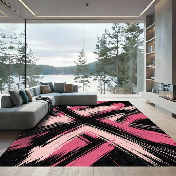 ODIKA 4' x 6' Machine Washable Non-Slip Area Rug, abstract print High Traffic Rug, Pink, 1149516