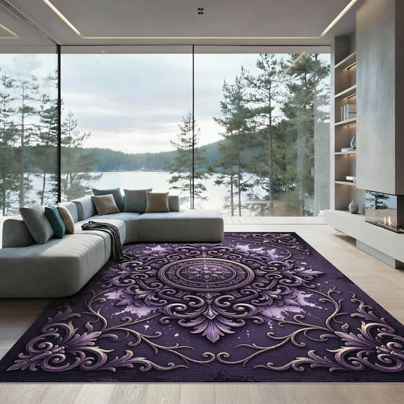 ODIKA 4' x 6' Machine Washable Non-Slip Area Rug, antique bordered High Traffic Rug, Purple, 1006294