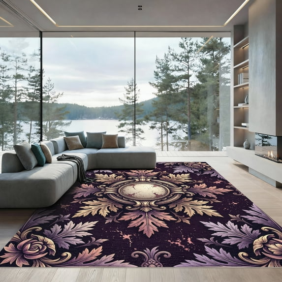 ODIKA 4' x 6' Machine Washable Non-Slip Area Rug, antique floral High Traffic Rug, Purple, 1133613