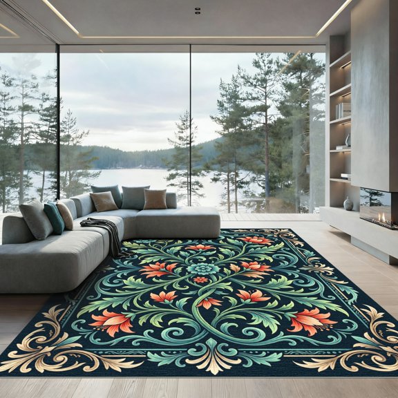 ODIKA 4' x 6' Machine Washable Non-Slip Area Rug, art nouveau floral High Traffic Rug, Blue, 1306231