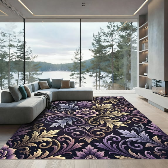 ODIKA 4' x 6' Machine Washable Non-Slip Area Rug, art nouveau floral High Traffic Rug, Purple, 1006285