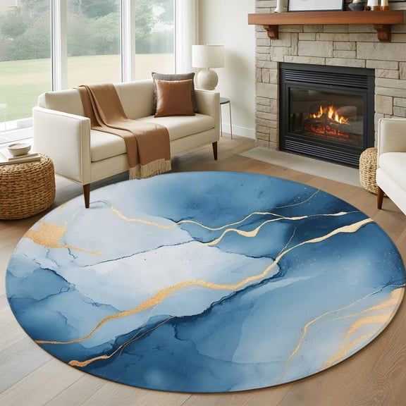 Round Area Rug 6ft,Marble Texture Pattern Washable Carpet Non-Slip Runner Accent Rugs Indoor Floor Mat for Bedroom Living Room Decor,Gold Blue Gradient