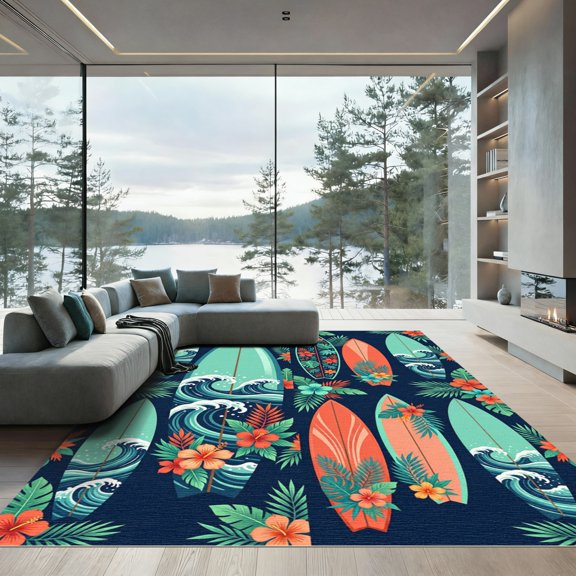ODIKA 4' x 6' Machine Washable Non-Slip Area Rug, beachy print High Traffic Rug, Blue, 1305504