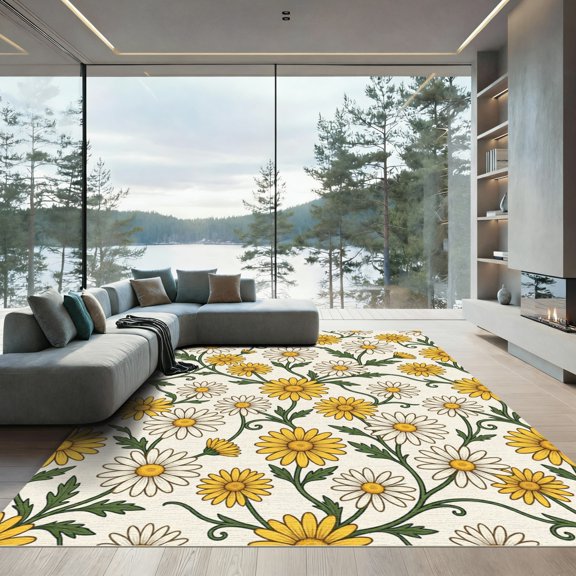 ODIKA 4' x 6' Machine Washable Non-Slip Area Rug, contemporary floral High Traffic Rug, Ivory, 1298855