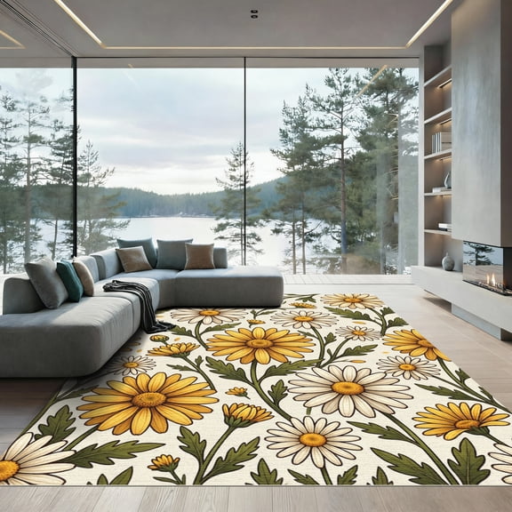 ODIKA 4' x 6' Machine Washable Non-Slip Area Rug, contemporary floral High Traffic Rug, Yellow, 1298838