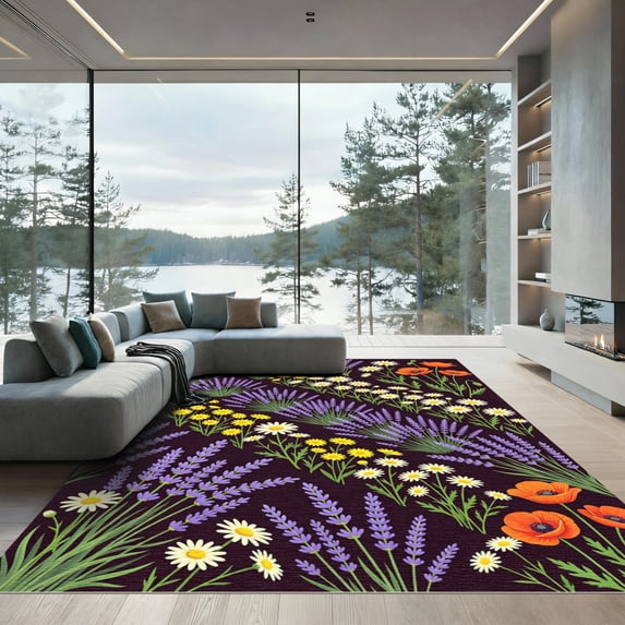 ODIKA 4' x 6' Machine Washable Non-Slip Area Rug, cottagecore floral High Traffic Rug, Purple, 1136388
