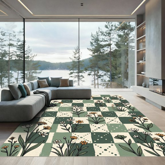 ODIKA 4' x 6' Machine Washable Non-Slip Area Rug, geometric checkered High Traffic Rug, Green, 1336315