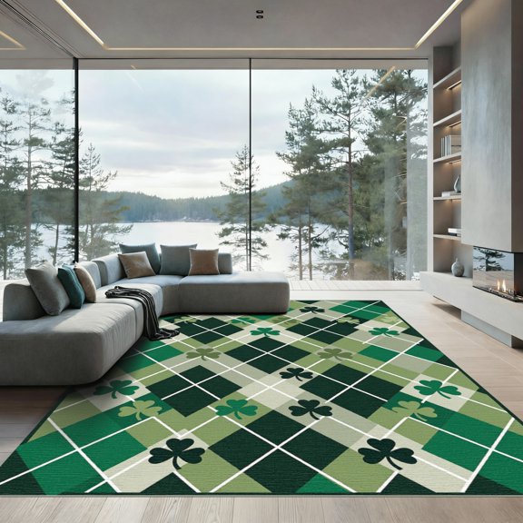 ODIKA 4' x 6' Machine Washable Non-Slip Area Rug, geometric checkered High Traffic Rug, Green, 1375664