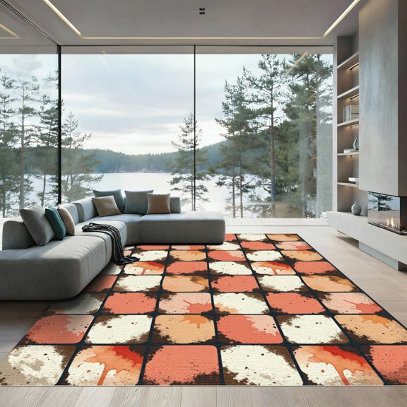 ODIKA 4' x 6' Machine Washable Non-Slip Area Rug, geometric checkered High Traffic Rug, Orange, 1117583