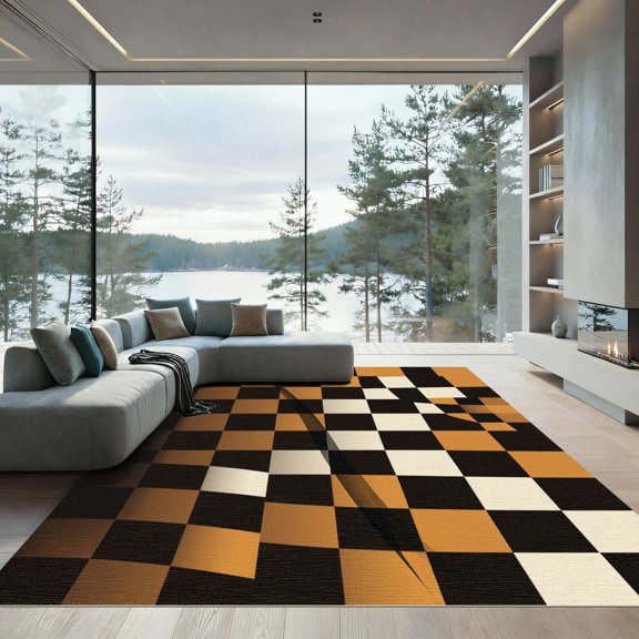 ODIKA 4' x 6' Machine Washable Non-Slip Area Rug, geometric checkered High Traffic Rug, Orange, 1257367