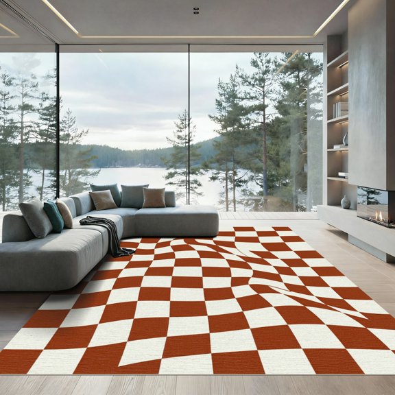 ODIKA 4' x 6' Machine Washable Non-Slip Area Rug, geometric checkered High Traffic Rug, Orange, 1359139