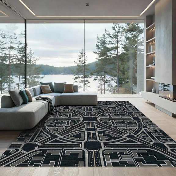 ODIKA 4' x 6' Machine Washable Non-Slip Area Rug, geometric geometric High Traffic Rug, Black, 933176
