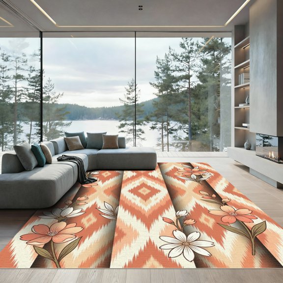 ODIKA 4' x 6' Machine Washable Non-Slip Area Rug, geometric geometric High Traffic Rug, Orange, 1298883