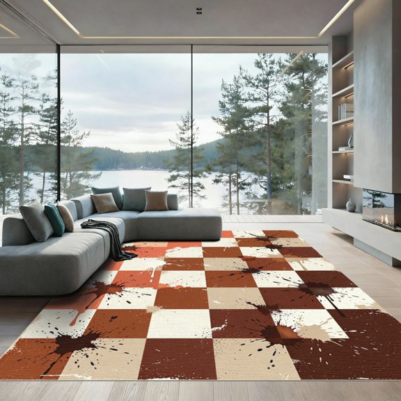 ODIKA 4' x 6' Machine Washable Non-Slip Area Rug, grunge checkered High Traffic Rug, Orange, 1260319