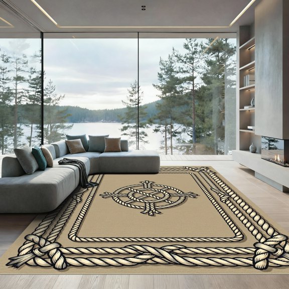 ODIKA 4' x 6' Machine Washable Non-Slip Area Rug, macrame bordered High Traffic Rug, Beige, 1149773