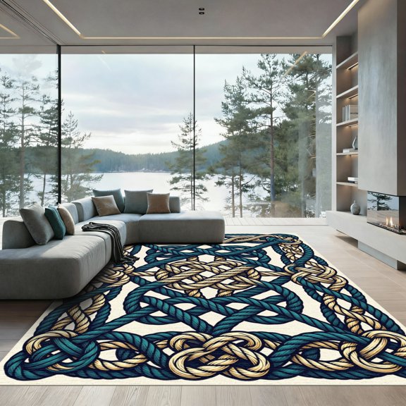 ODIKA 4' x 6' Machine Washable Non-Slip Area Rug, macrame bordered High Traffic Rug, Blue, 1169641