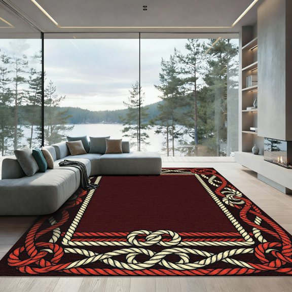 ODIKA 4' x 6' Machine Washable Non-Slip Area Rug, macrame bordered High Traffic Rug, Red, 1111796