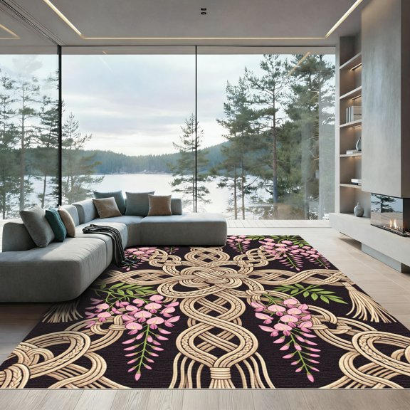 ODIKA 4' x 6' Machine Washable Non-Slip Area Rug, macrame floral High Traffic Rug, Black, 975189